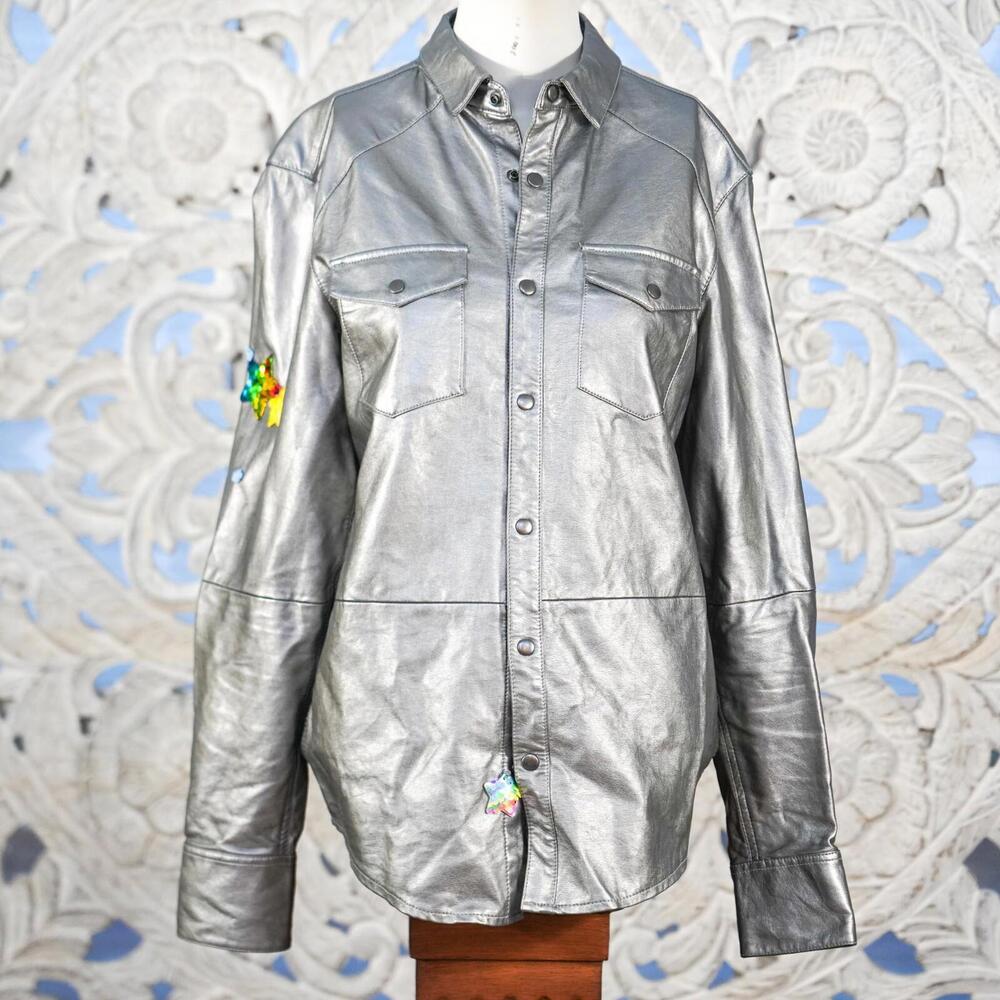 INC Faux Leather Silver Shirt Jacket Women’s S Snap Button Metallic Sequin Stars